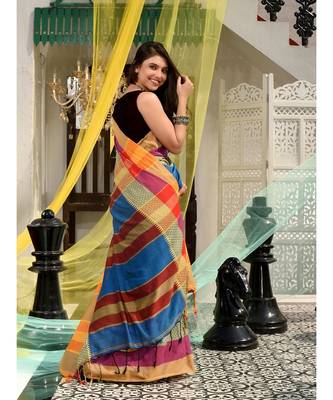 This is  Blue Blended Cotton handwoven saree with temple design from Charukriti 4