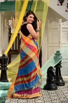 This is  Blue Blended Cotton handwoven saree with temple design from Charukriti
