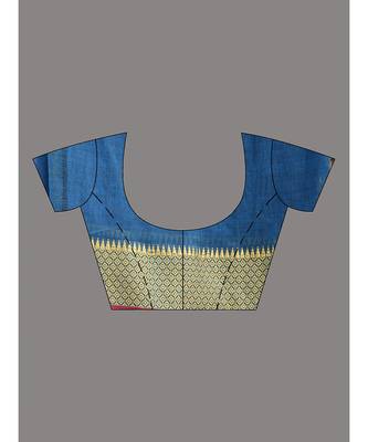 This is  Blue Blended Cotton handwoven saree with temple design from Charukriti 5
