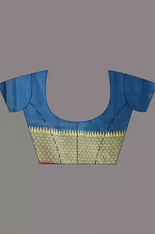 This is  Blue Blended Cotton handwoven saree with temple design from Charukriti