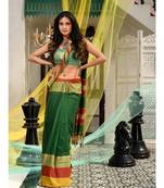 This is  Green Blended Cotton handwoven saree with temple design from Charukriti