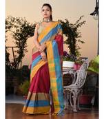 This is  Magenta Blended Cotton handwoven saree with temple design from Charukriti