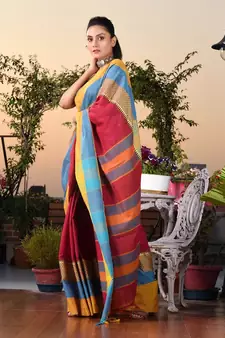 This is  Magenta Blended Cotton handwoven saree with temple design from Charukriti
