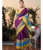 This is  Purple Blended Cotton handwoven saree with temple design from Charukriti