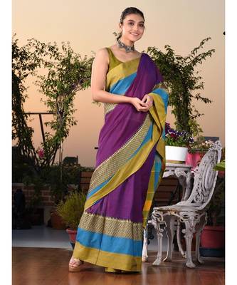 This is  Purple Blended Cotton handwoven saree with temple design from Charukriti 2