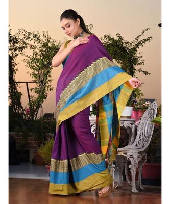 This is  Purple Blended Cotton handwoven saree with temple design from Charukriti 3