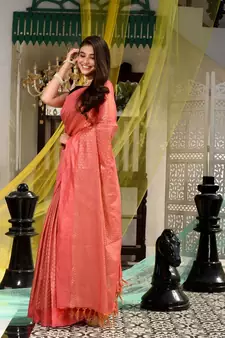 This is  Pink Blended Silk textured handwoven saree  from Charukriti