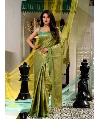 This is  Light Green Blended Silk textured handwoven saree  from Charukriti 1