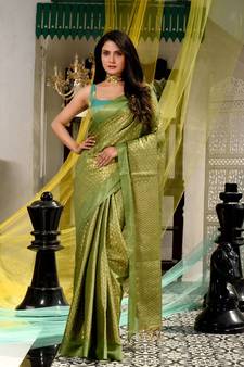 This is  Light Green Blended Silk textured handwoven saree  from Charukriti