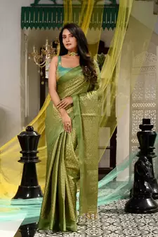 This is  Light Green Blended Silk textured handwoven saree  from Charukriti