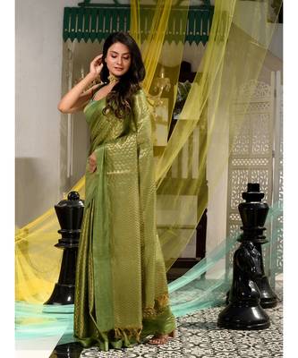 This is  Light Green Blended Silk textured handwoven saree  from Charukriti 3