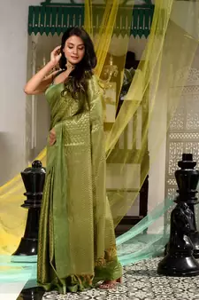 This is  Light Green Blended Silk textured handwoven saree  from Charukriti