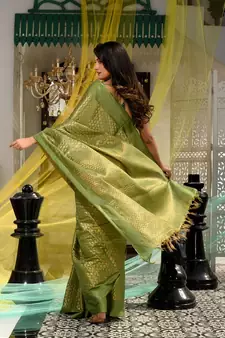 This is  Light Green Blended Silk textured handwoven saree  from Charukriti