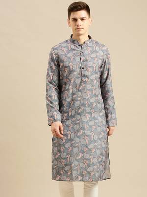 Sanwara Men Printed Grey Cotton Straight Kurta PR20 1