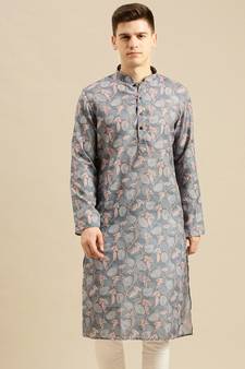 Sanwara Men Printed Grey Cotton Straight Kurta PR20