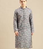 Sanwara Men Printed Grey Cotton Straight Kurta PR20