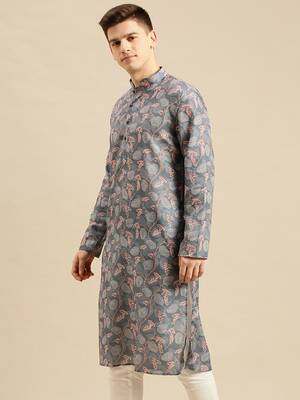 Sanwara Men Printed Grey Cotton Straight Kurta PR20 2