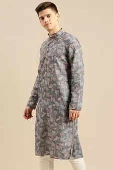 Sanwara Men Printed Grey Cotton Straight Kurta PR20
