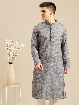 Sanwara Men Printed Grey Cotton Straight Kurta PR20 3