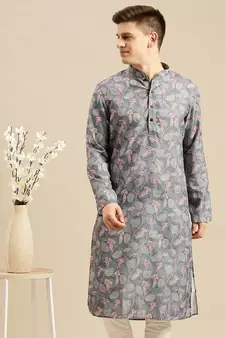 Sanwara Men Printed Grey Cotton Straight Kurta PR20