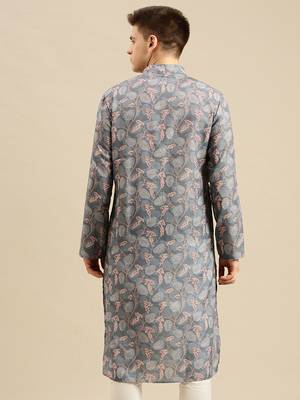 Sanwara Men Printed Grey Cotton Straight Kurta PR20 4