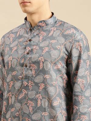 Sanwara Men Printed Grey Cotton Straight Kurta PR20 5