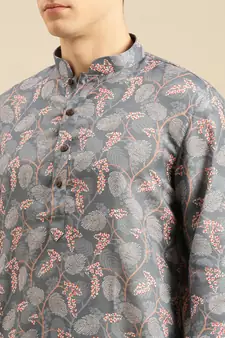 Sanwara Men Printed Grey Cotton Straight Kurta PR20
