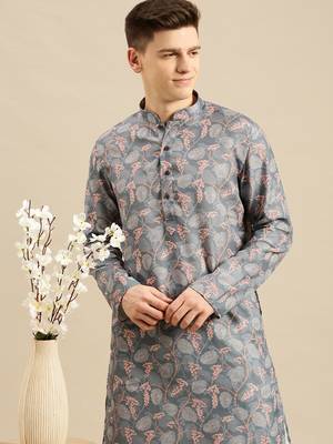 Sanwara Men Printed Grey Cotton Straight Kurta PR20 6