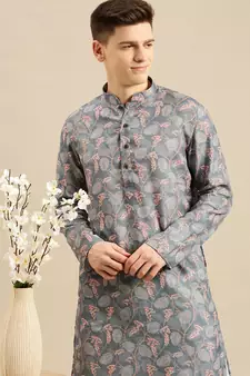 Sanwara Men Printed Grey Cotton Straight Kurta PR20