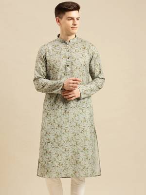 Sanwara Men Printed Green Cotton Straight Kurta PR21 1