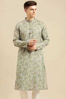 Sanwara Men Printed Green Cotton Straight Kurta PR21