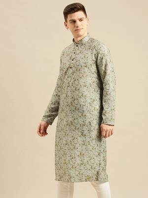Sanwara Men Printed Green Cotton Straight Kurta PR21 2