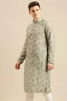 Sanwara Men Printed Green Cotton Straight Kurta PR21