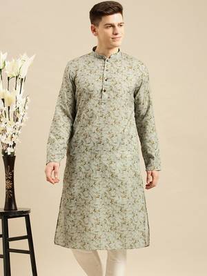 Sanwara Men Printed Green Cotton Straight Kurta PR21 3