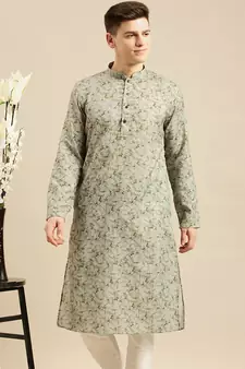 Sanwara Men Printed Green Cotton Straight Kurta PR21