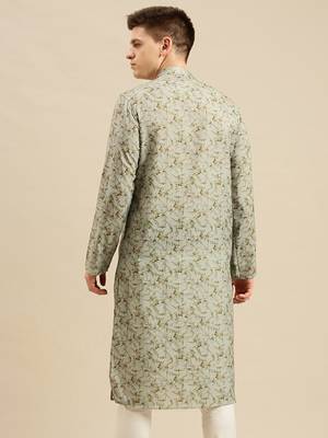 Sanwara Men Printed Green Cotton Straight Kurta PR21 4