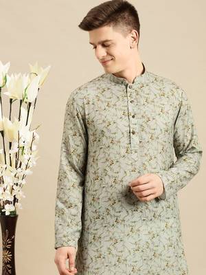 Sanwara Men Printed Green Cotton Straight Kurta PR21 6
