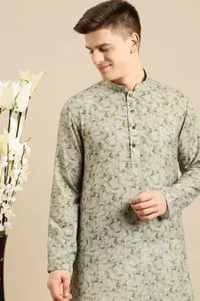 Sanwara Men Printed Green Cotton Straight Kurta PR21