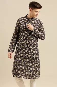 Sanwara Men Printed Deep Blue Cotton Straight Kurta PR23