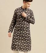 Sanwara Men Printed Deep Blue Cotton Straight Kurta PR23