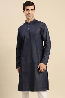 Sanwara Men's Denim Blue Solid Denim Ethnic Kurta