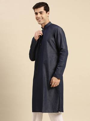 Sanwara Men's Denim Blue Solid Denim Ethnic Kurta 2