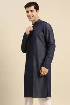 Sanwara Men's Denim Blue Solid Denim Ethnic Kurta