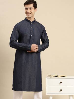 Sanwara Men's Denim Blue Solid Denim Ethnic Kurta 3
