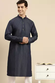 Sanwara Men's Denim Blue Solid Denim Ethnic Kurta