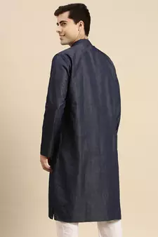 Sanwara Men's Denim Blue Solid Denim Ethnic Kurta