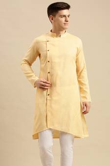 Sanwara Men's Peach Solid Cotton Ethnic Kurta
