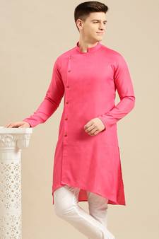 Sanwara Men's Pink Solid Cotton Ethnic Kurta