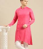 Sanwara Men's Pink Solid Cotton Ethnic Kurta