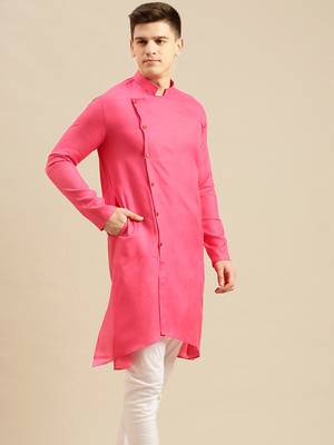 Sanwara Men's Pink Solid Cotton Ethnic Kurta 2